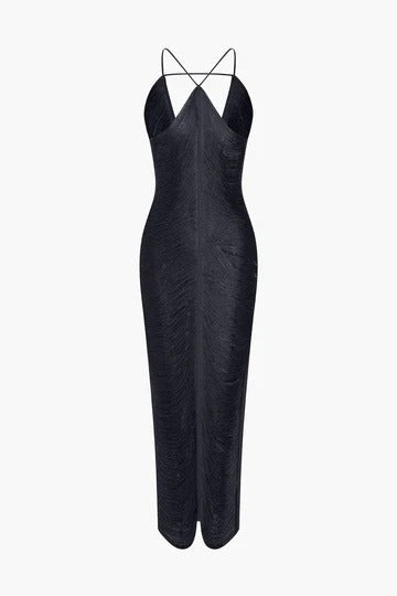 tassel rear slit halterneck dress Avalabel
