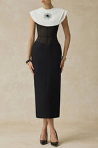 bernice black sleeveless Midi Dress With White Cape Avalabel