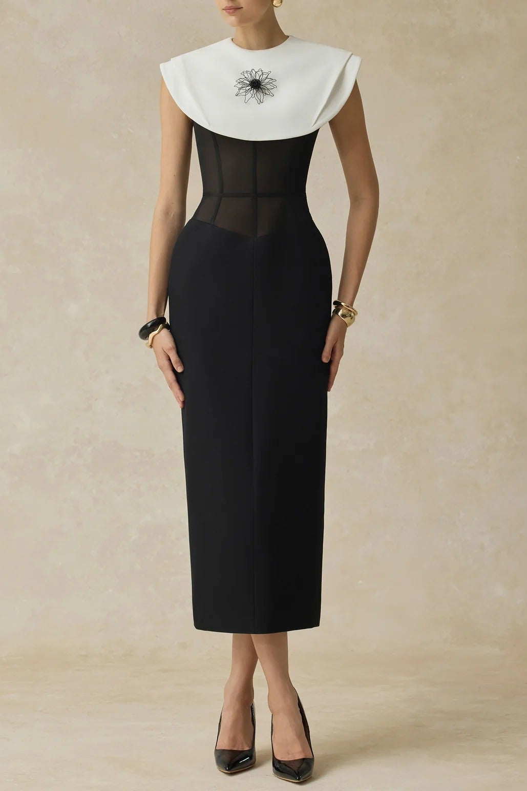 bernice black sleeveless Midi Dress With White Cape Avalabel
