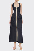 Haltered Corseted Midi Dress Denim in Navy Blue Avalabel