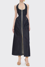 Haltered Corseted Midi Dress Denim in Navy Blue Avalabel
