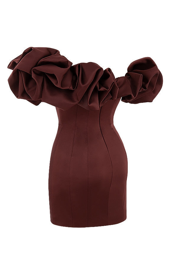 Burgundy Satin Ruffle Strapless Mini Dress Avalabel
