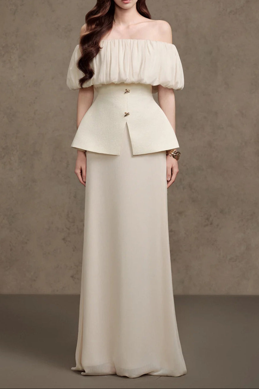 Karen Straight Plain Foam Silk Strapless Maxi Dress in White Avalabel