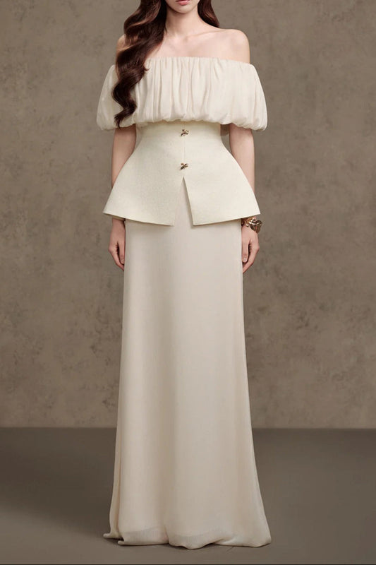 Karen Straight Plain Foam Silk Strapless Maxi Dress in White