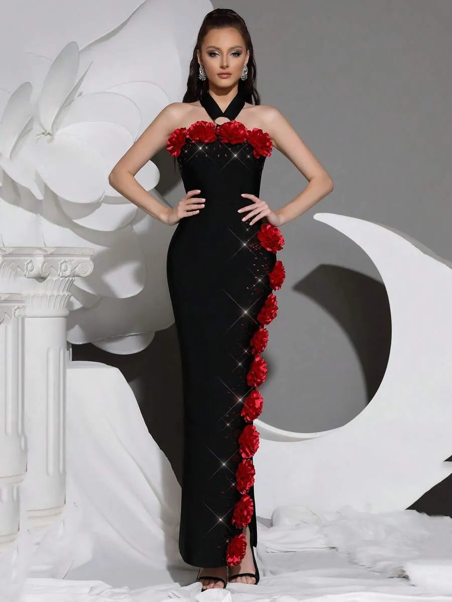 sebastiane Halterneck Flower Bandage Maxi Dress in black Avalabel