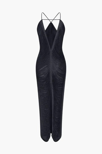 tassel rear slit halterneck dress Avalabel
