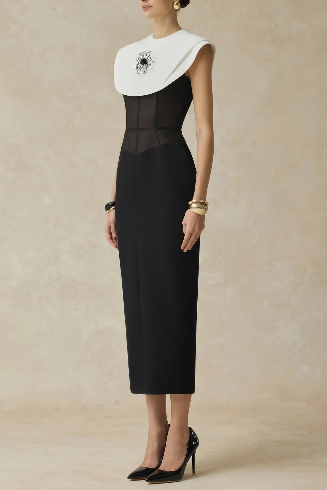 bernice black sleeveless Midi Dress With White Cape Avalabel