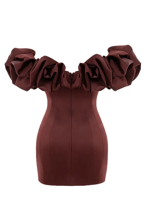 Burgundy Satin Ruffle Strapless Mini Dress Avalabel