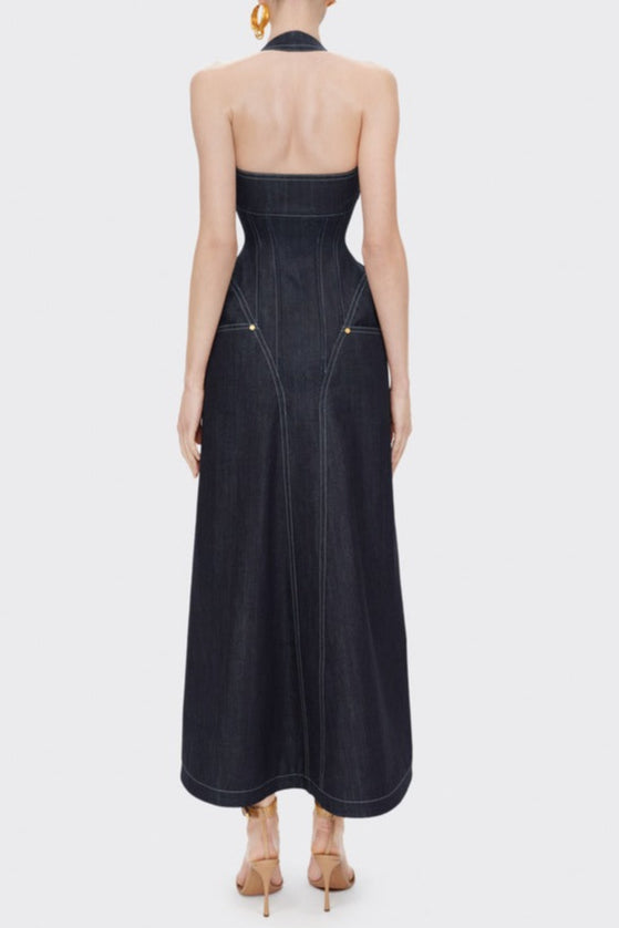Haltered Corseted Midi Dress Denim in Navy Blue Avalabel