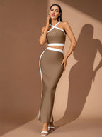Cora White Striped Patchwork Maxi Bandage Set - Brown Avalabel