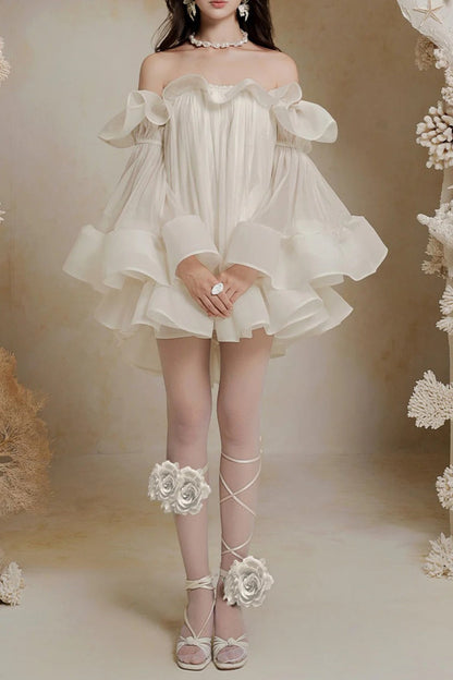 Bernice Ruffle Layer Crinkle Chiffon Mini Dress in White