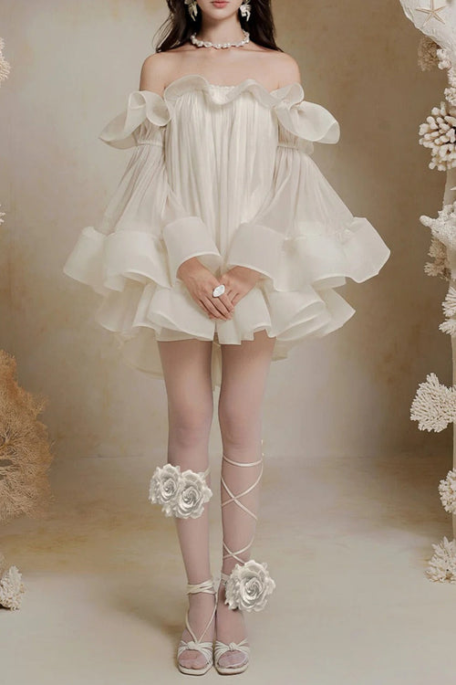Bernice Ruffle Layer Crinkle Chiffon Mini Dress in White Avalabel