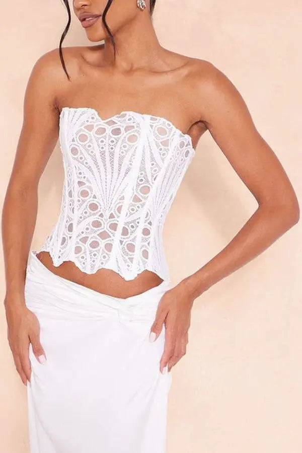 White Textured Sheer Floral Lace Corset Avalabel