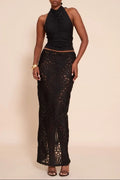 Black Textured Floral Lace Maxi Skirt Avalabel