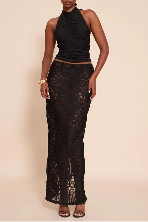 Black Textured Floral Lace Maxi Skirt Avalabel