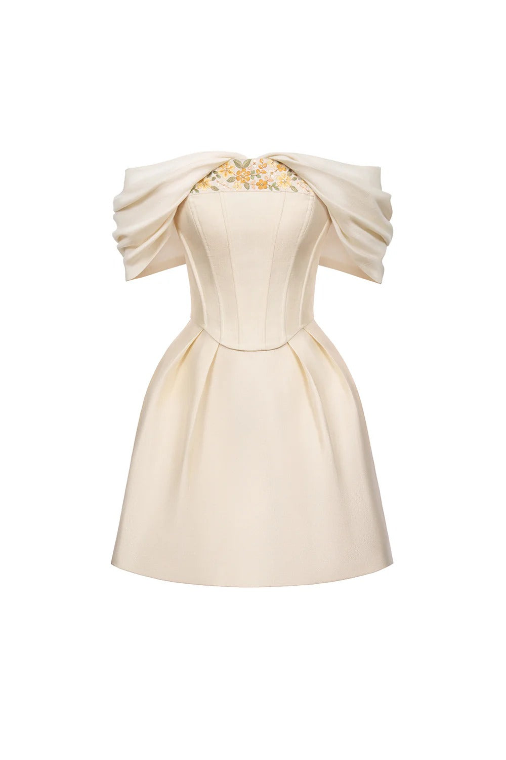 embroidery A-line Off-Shoulder Polyester Mini Dress in beige Avalabel