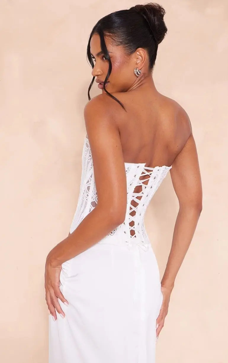 White Textured Sheer Floral Lace Corset Avalabel