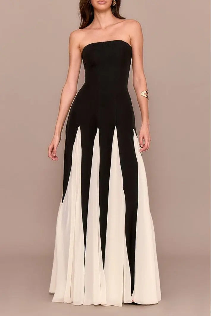 Black Bandeau Contrast Chiffon Pleated Maxi Dress Avalabel