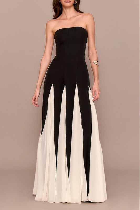Black Bandeau Contrast Chiffon Pleated Maxi Dress