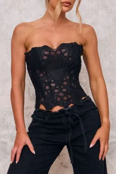 Black Textured Sheer Floral Lace Corset Avalabel