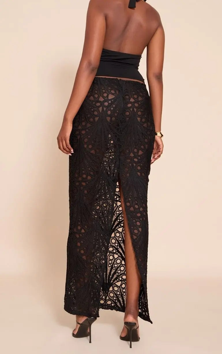 Black Textured Floral Lace Maxi Skirt Avalabel