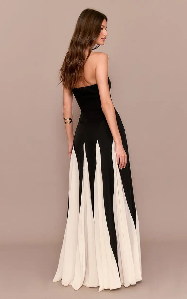 Black Bandeau Contrast Chiffon Pleated Maxi Dress Avalabel
