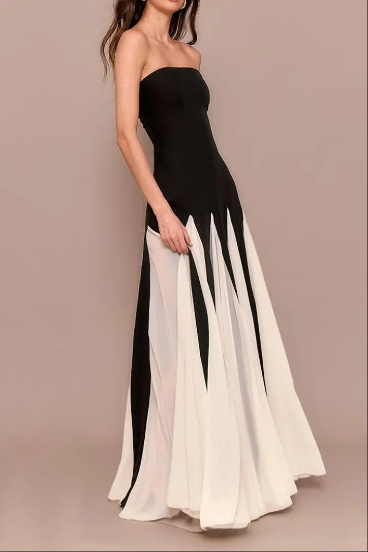 Black Bandeau Contrast Chiffon Pleated Maxi Dress Avalabel