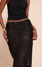 Black Textured Floral Lace Maxi Skirt Avalabel