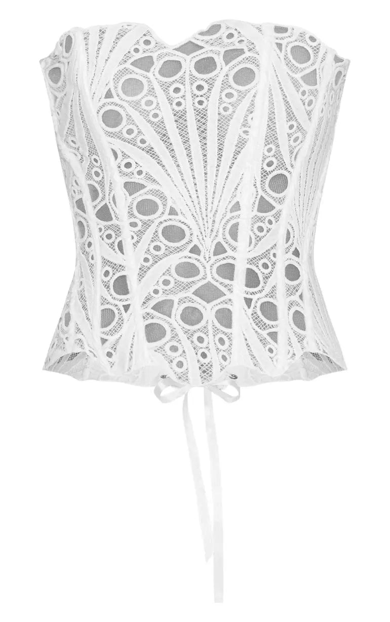 White Textured Sheer Floral Lace Corset Avalabel
