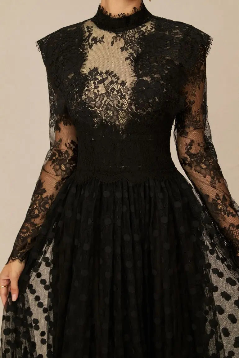 Elegant Enchantment Black Polka Dot Lace Maxi Dress Avalabel