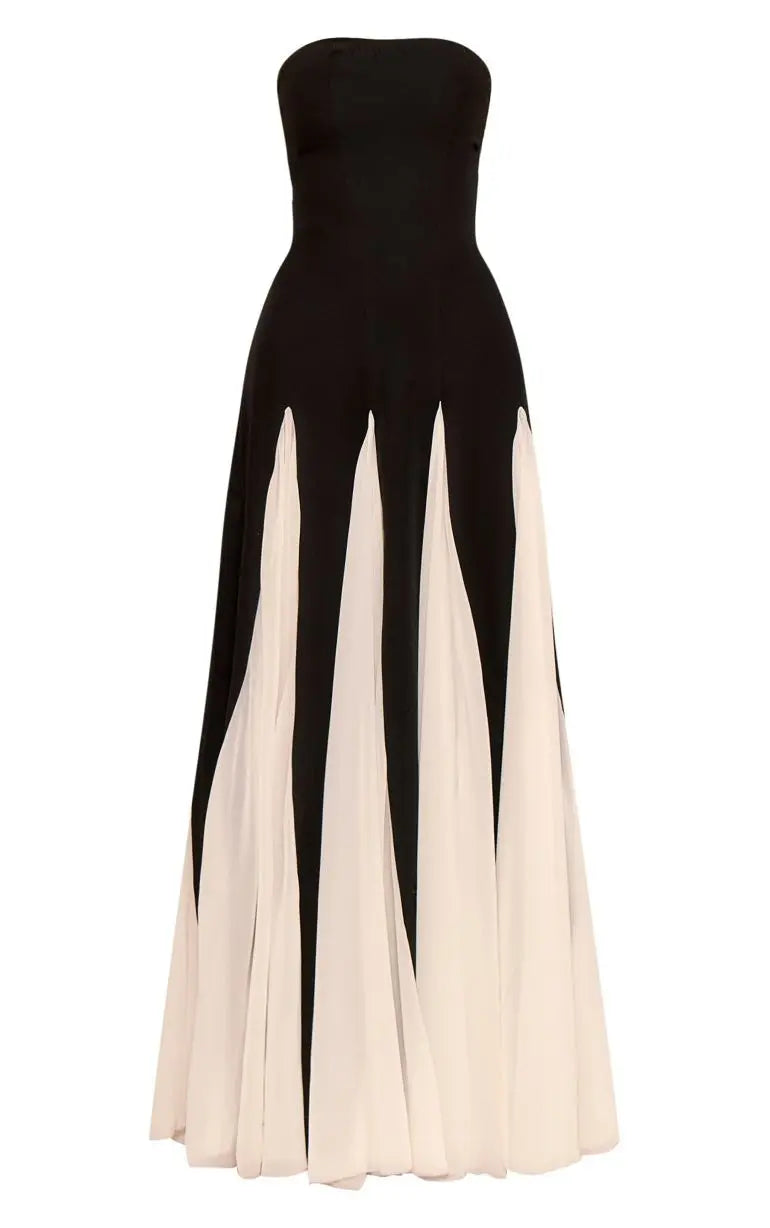 Black Bandeau Contrast Chiffon Pleated Maxi Dress Avalabel