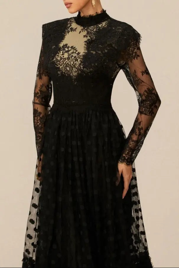 Elegant Enchantment Black Polka Dot Lace Maxi Dress Avalabel