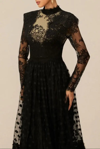 Elegant Enchantment Black Polka Dot Lace Maxi Dress Avalabel