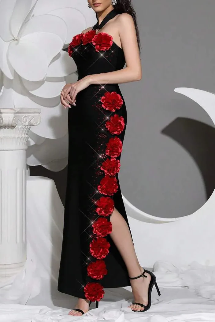 sebastiane Halterneck Flower Bandage Maxi Dress in black Avalabel