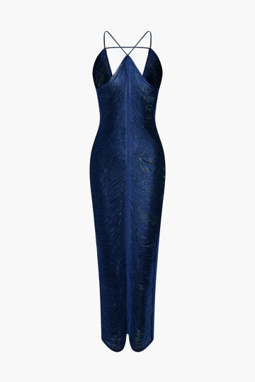 tassel rear slit halterneck dress Avalabel