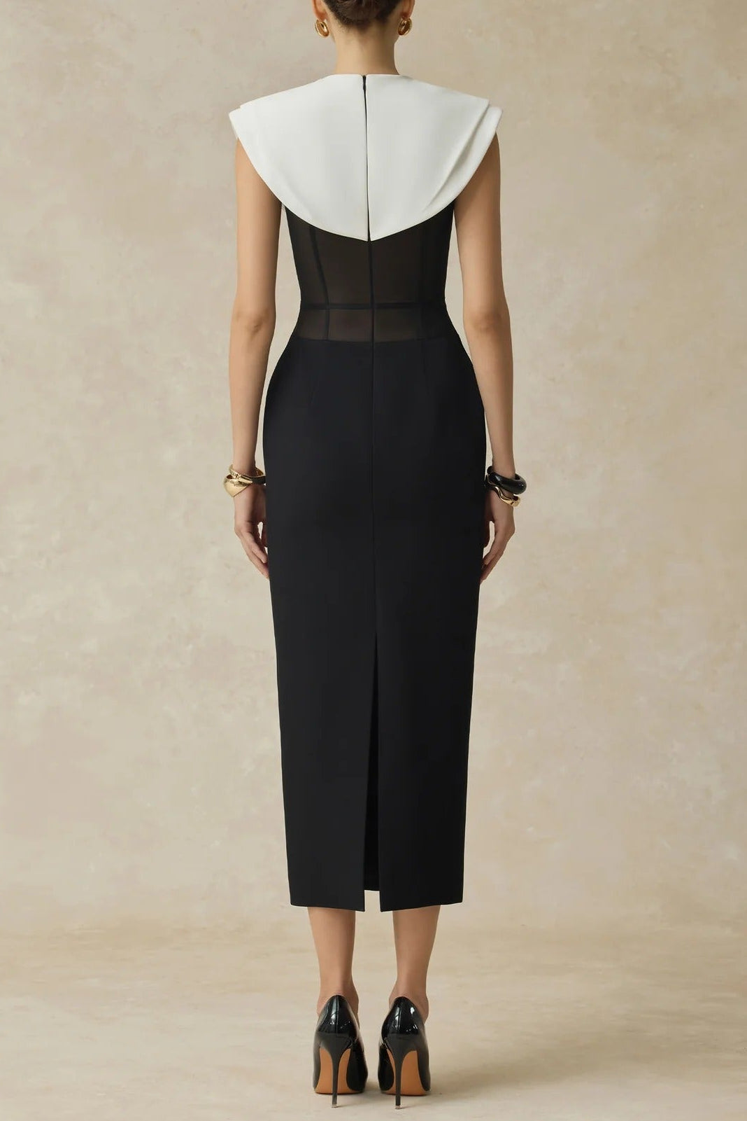 bernice black sleeveless Midi Dress With White Cape Avalabel