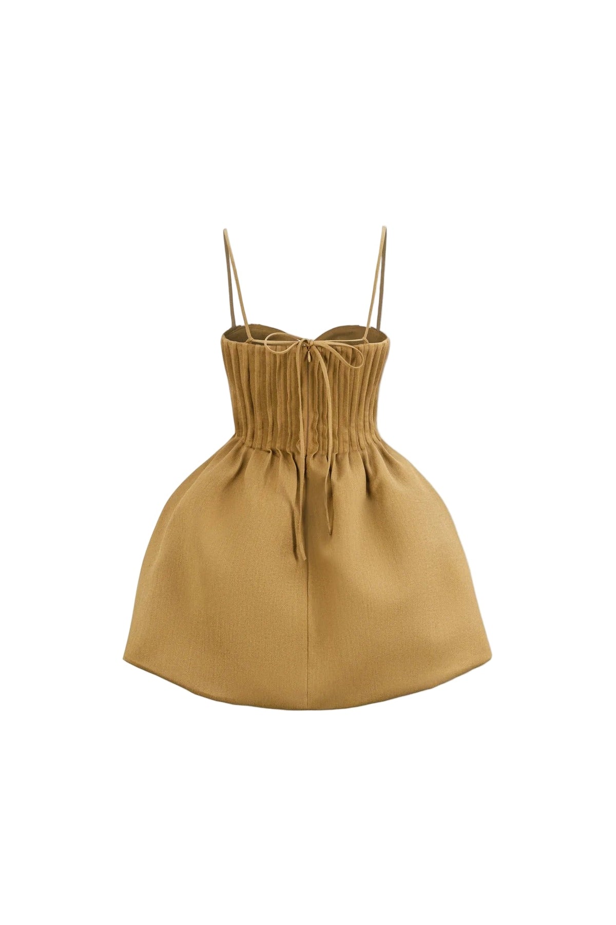 Rita Pleated Slim Puffy Mini Dress in Camel Soraya