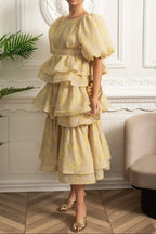kristin Puff Sleeve Tiered Ruffle Midi Dress - Yellow Avalabel