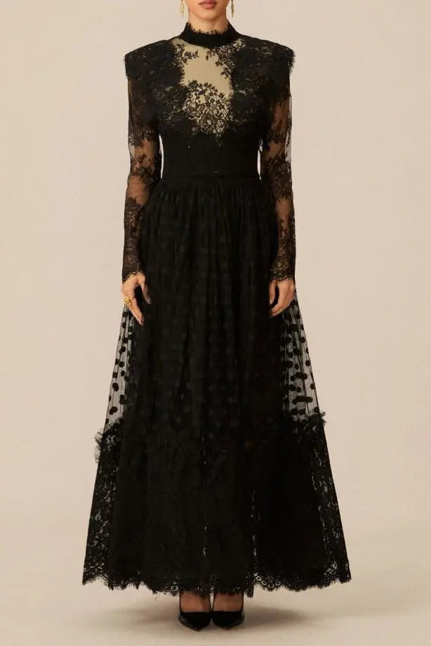 Elegant Enchantment Black Polka Dot Lace Maxi Dress Avalabel
