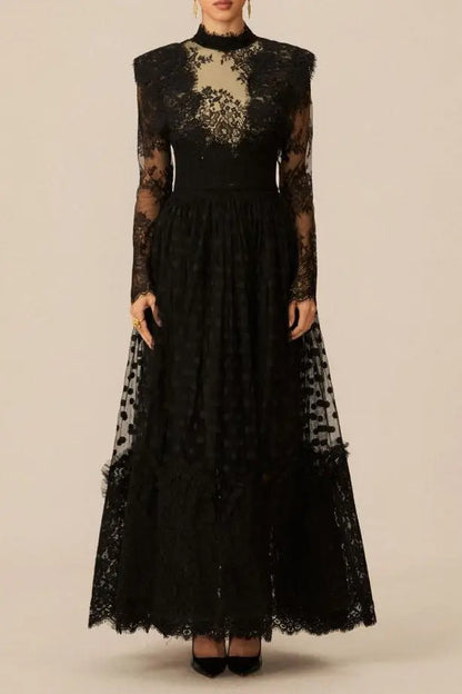 Elegant Enchantment Black Polka Dot Lace Maxi Dress Avalabel