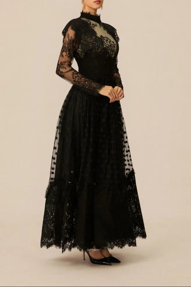 Elegant Enchantment Black Polka Dot Lace Maxi Dress Avalabel