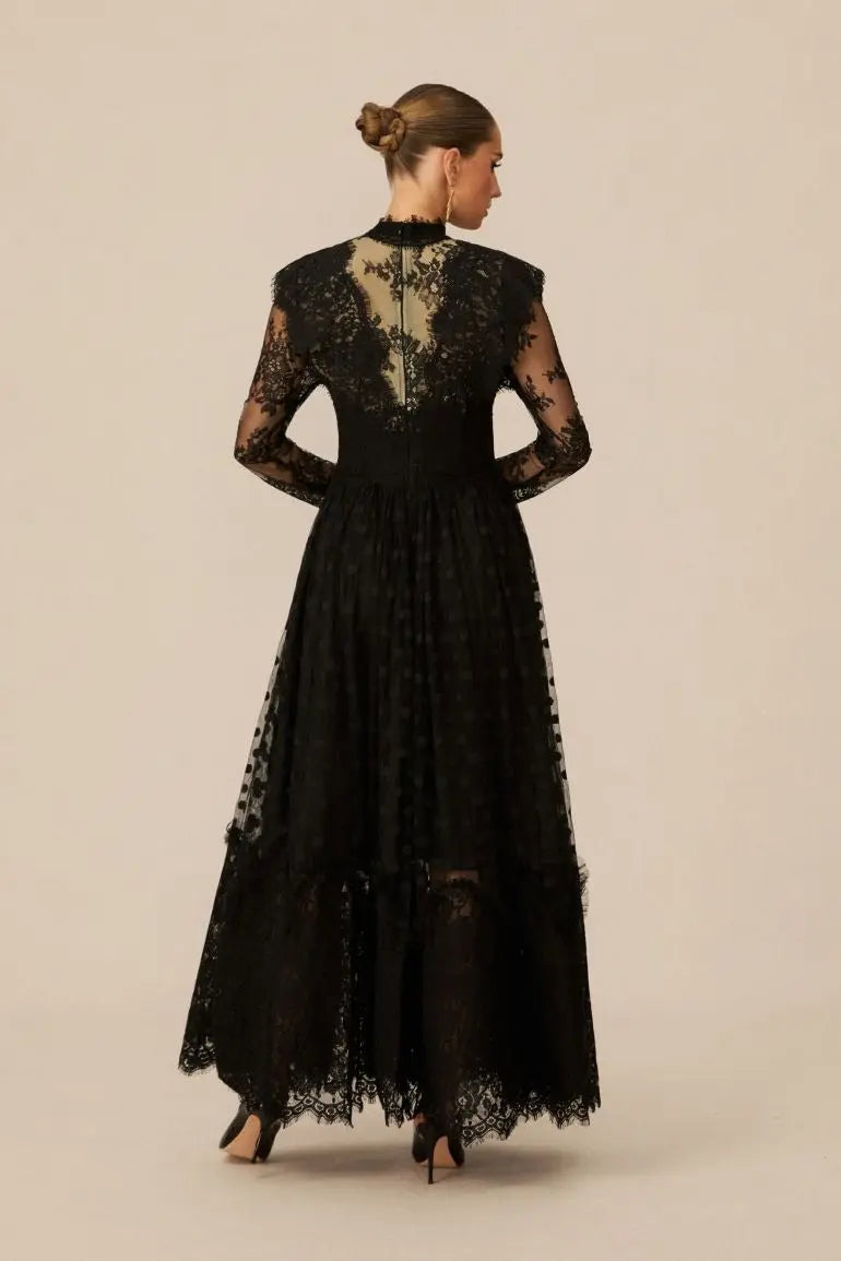 Elegant Enchantment Black Polka Dot Lace Maxi Dress Avalabel