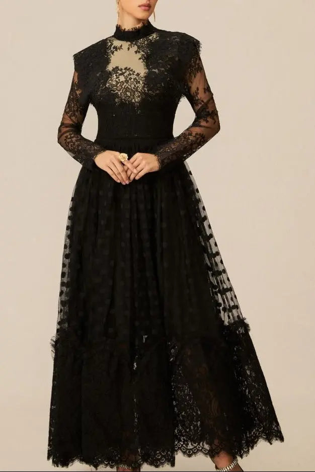 Elegant Enchantment Black Polka Dot Lace Maxi Dress Avalabel