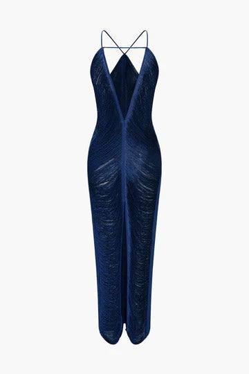 tassel rear slit halterneck dress Avalabel