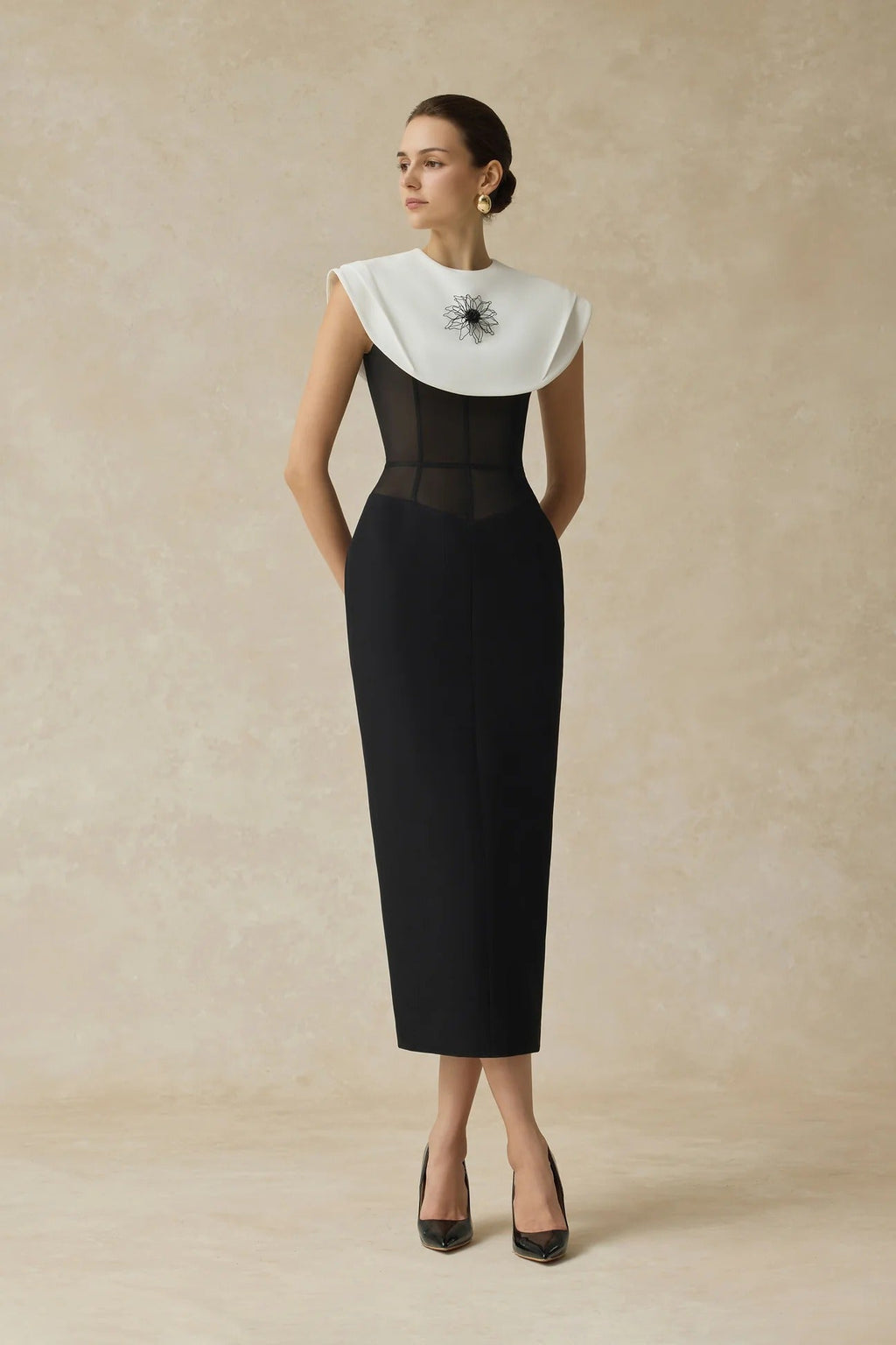 bernice black sleeveless Midi Dress With White Cape Avalabel