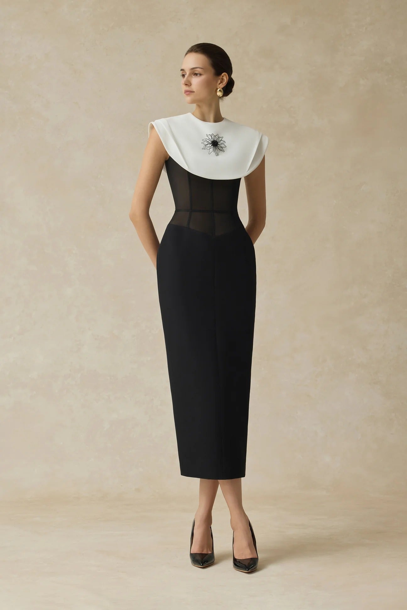 bernice black sleeveless Midi Dress With White Cape Avalabel