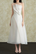 Strapless Layered Organza Midi Dress in White Soraya