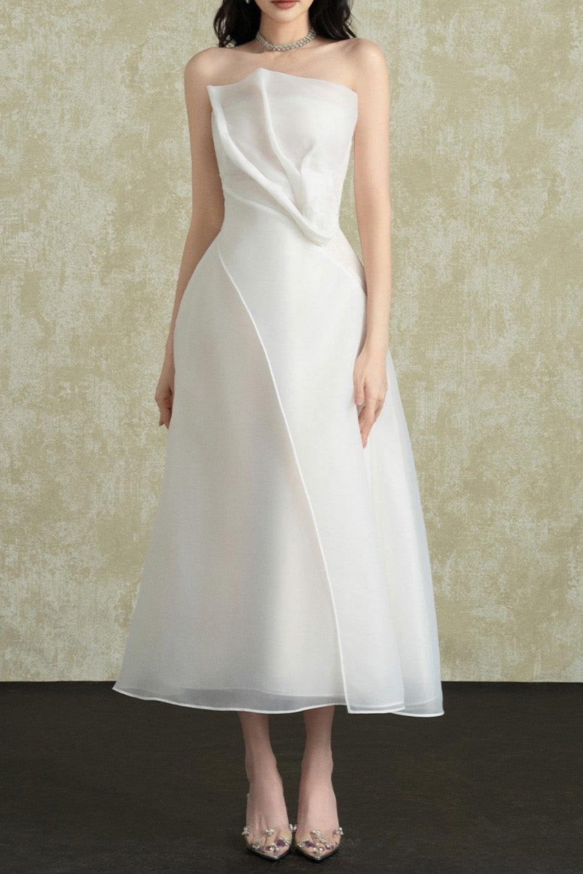 Strapless Layered Organza Midi Dress in White Soraya