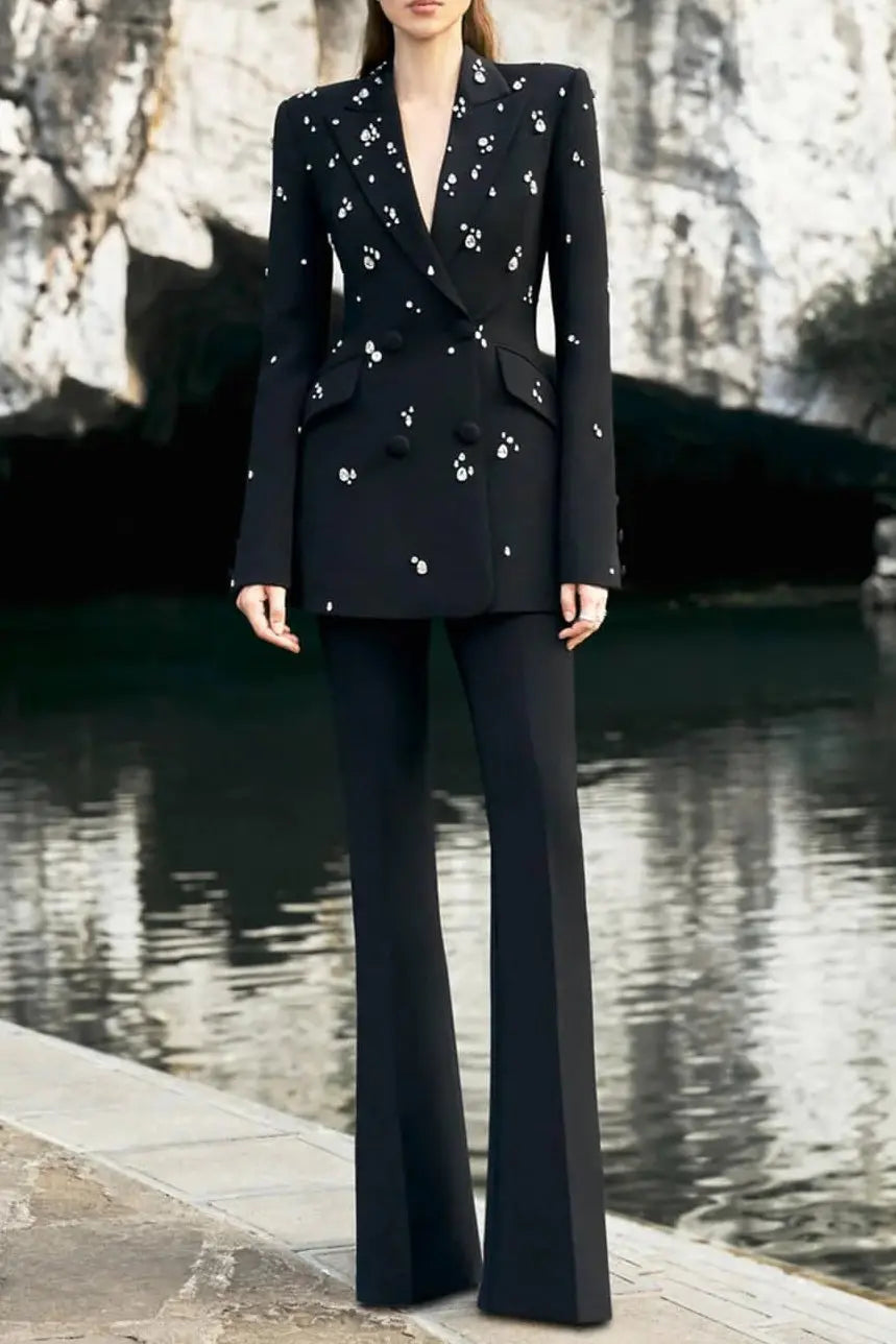 myra black Straight Flared Velvet Floor Length Pants rhinestone blazer set Avalabel