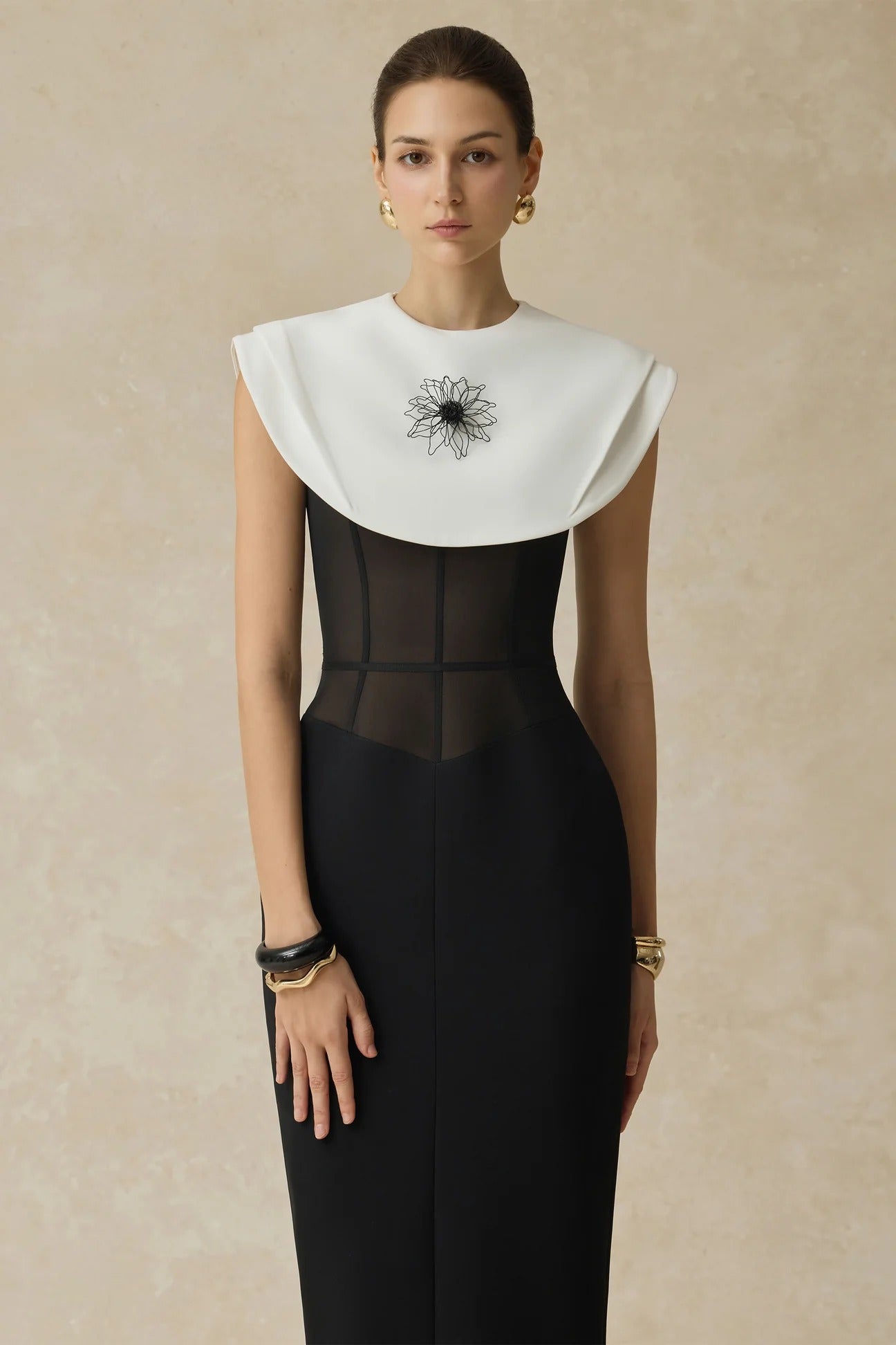 bernice black sleeveless Midi Dress With White Cape Avalabel